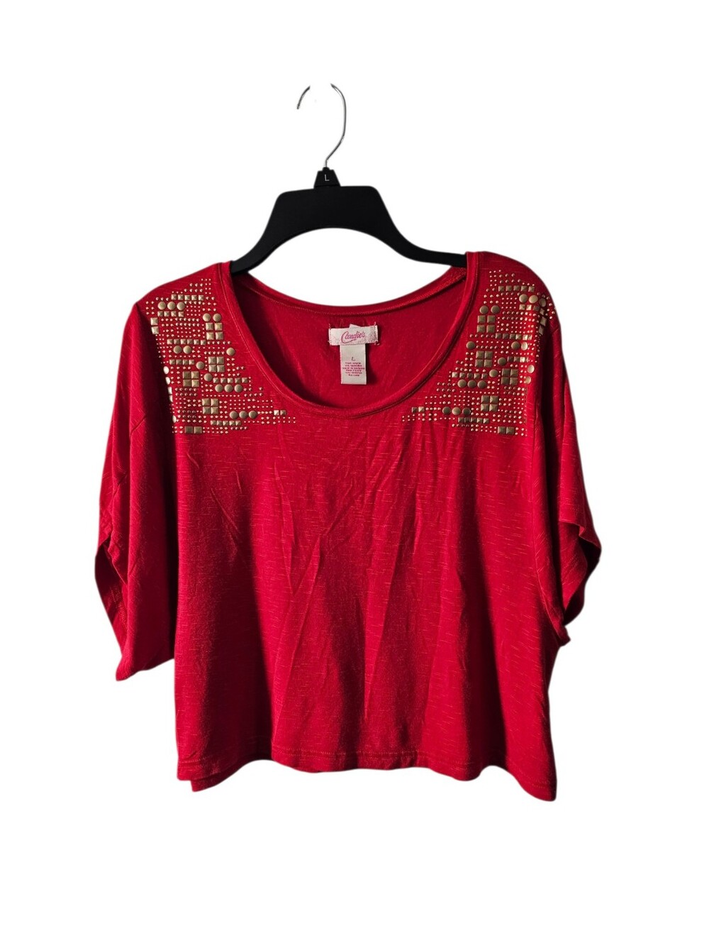 Candies Studded Crop Top L Large Red Gold Punk Rocker Dolman Short Sleeve Rayon